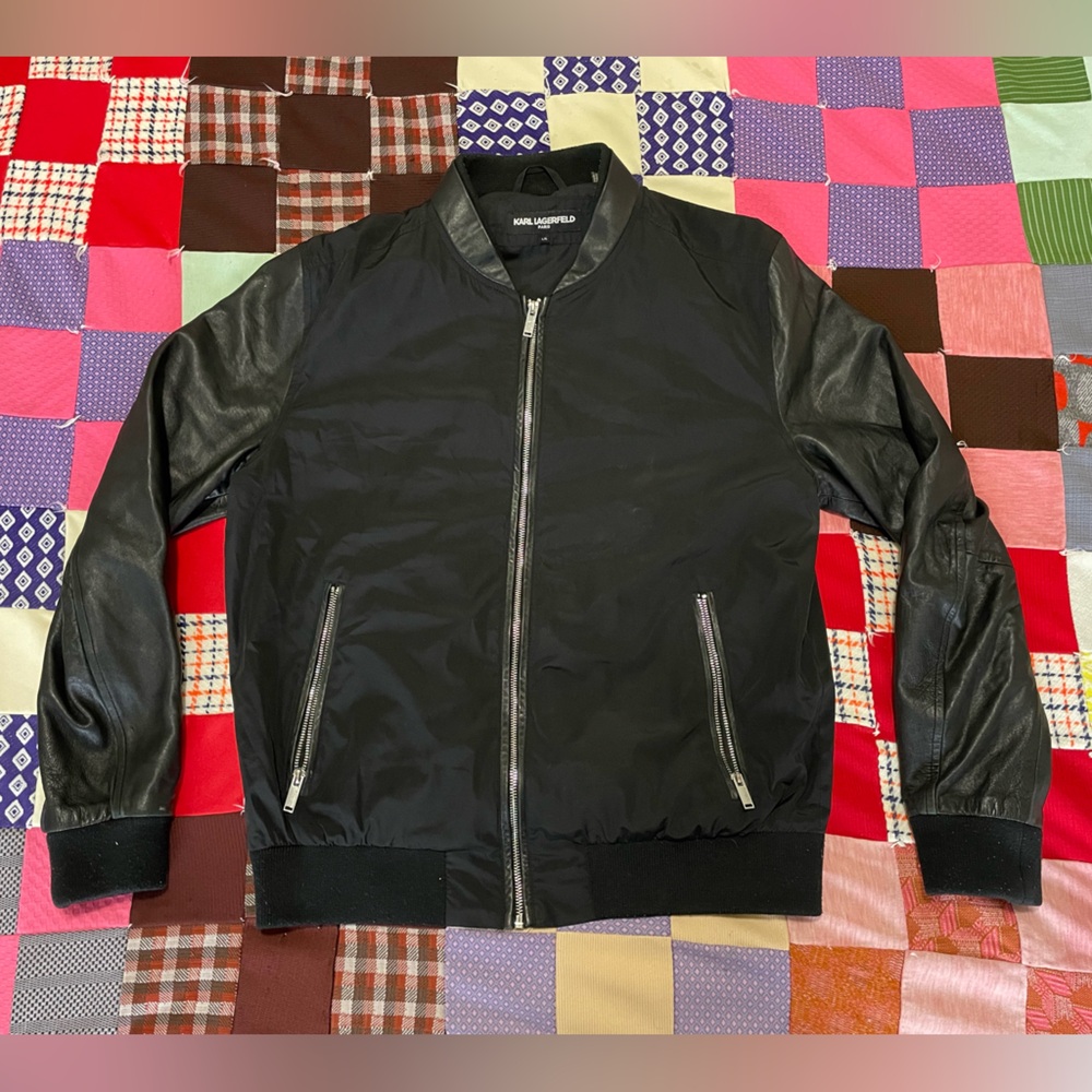 Karl Lagerfeld Paris Men’s Mixed Media Bomber Jacket Leather Sleeves  Black L